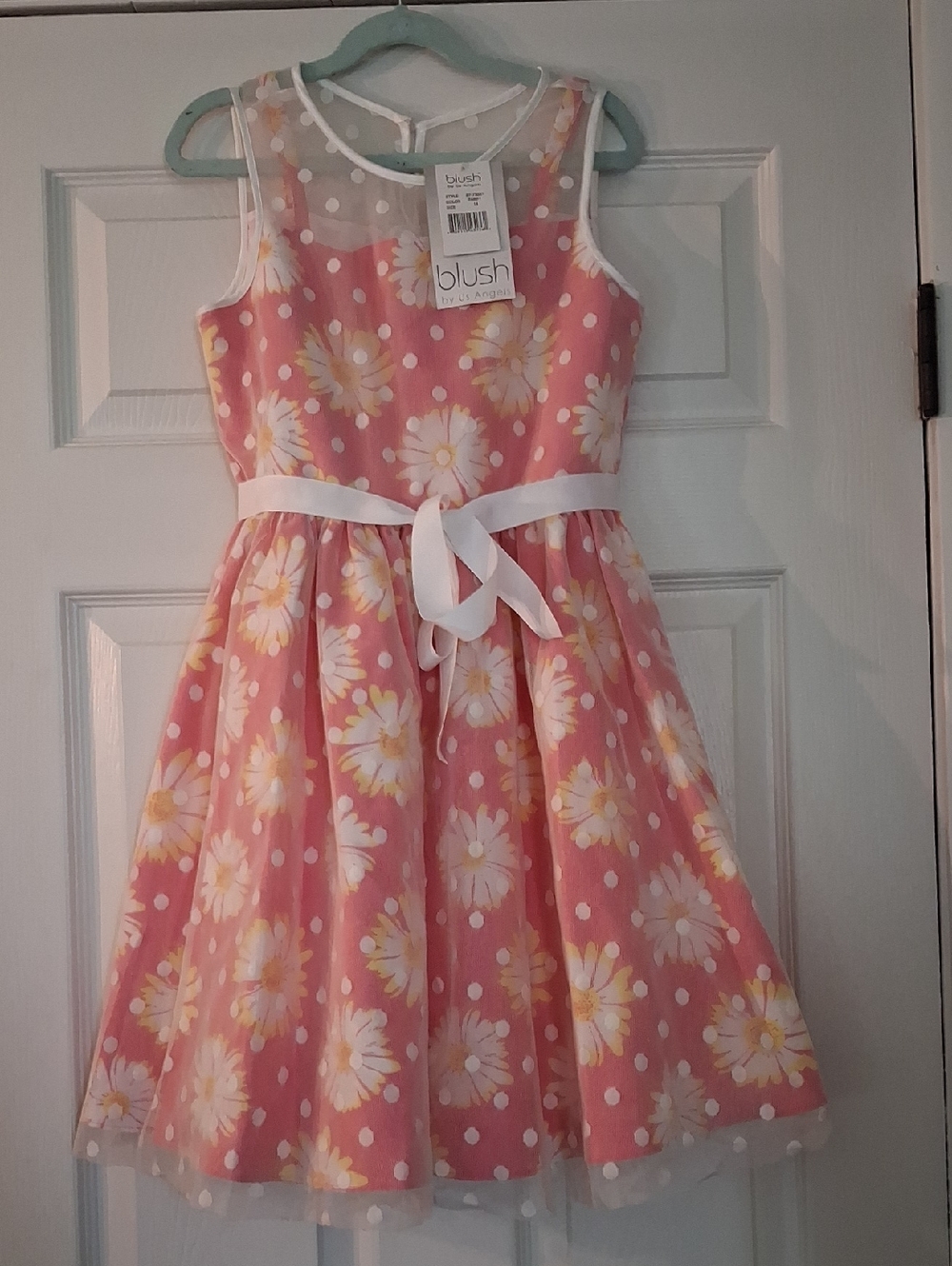 NWT Girls Pink Daisy Print Mesh Overlay Party Dress with White Ribbon Waist Tie